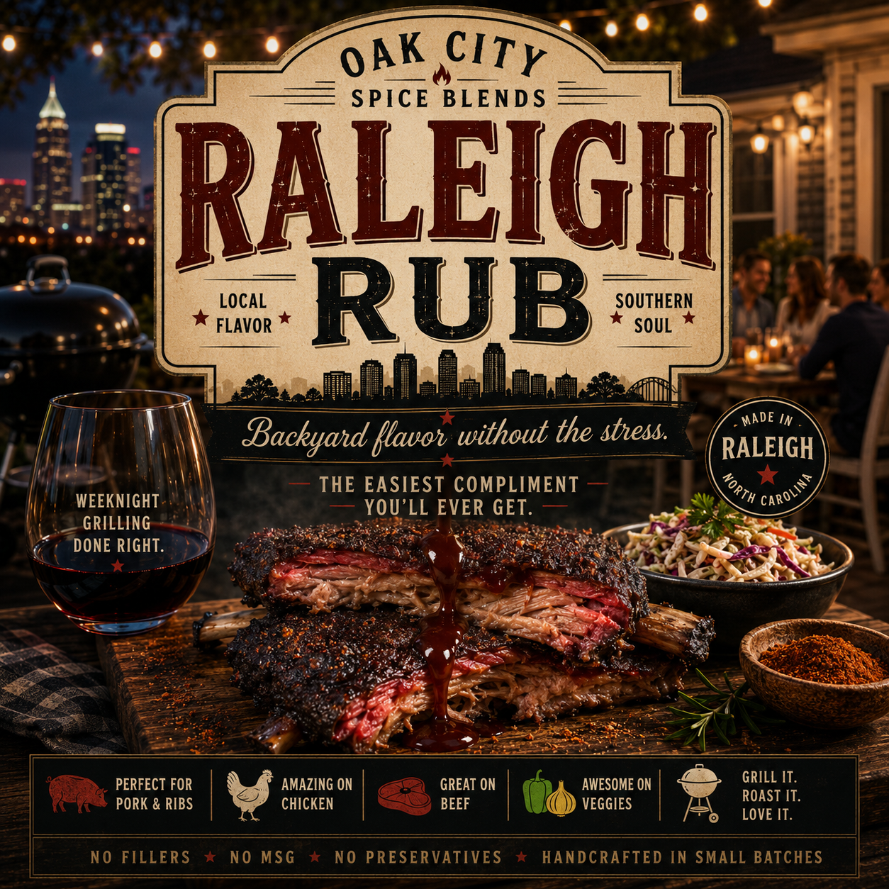 Oak City Spice Blends featuring smoked barbecue ribs