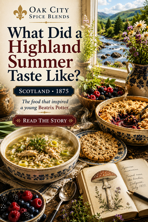 A bowl of traditional Scottish Highland hotch-potch with barley, vegetables, and shredded lamb sits beside oatcakes overlooking the River Tay, inspired by Beatrix Potter's Scotland in 1875.