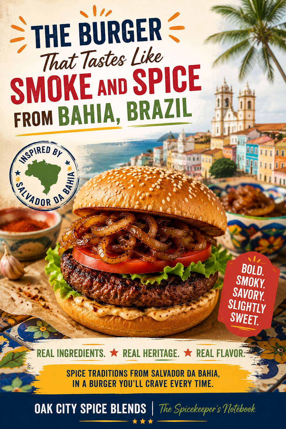Bountiful Bahia burger topped with caramelized onions, lettuce, and tomato on a sesame seed bun, Oak City Spice Blends.
