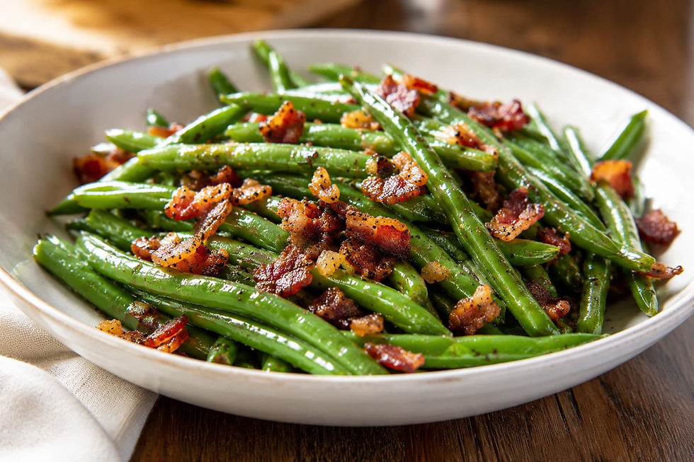 Blooming Wilde Garlek in rendered bacon fat before adding fresh green beans creates a richer, more evenly distributed flavor than seasoning at the end of cooking.