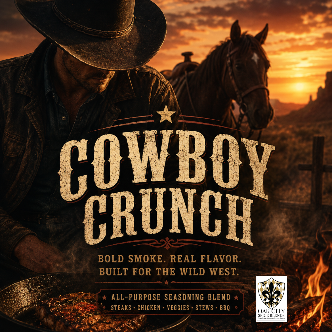Cowboy Crunch smoky seasoning blend with rustic Western styling, crunchy garlic pieces, smoked spices, and cast iron cooking