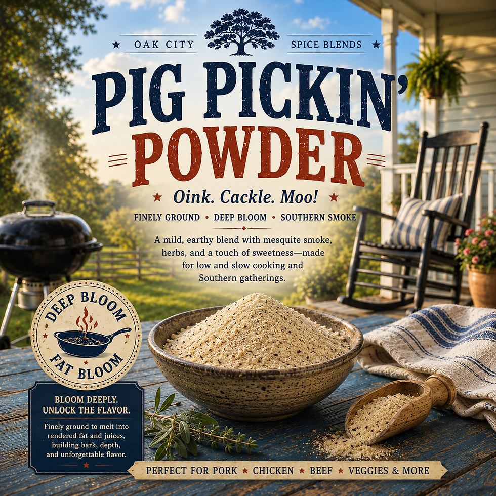 Pig Pickin’ Powder Southern BBQ seasoning beside a backyard grill and North Carolina porch rocking chair with Deep Bloom seal