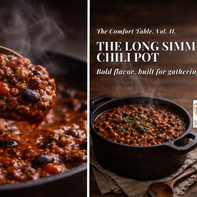 Cast iron pot of chili with a golden spoon lifting a thick, hearty scoop of beef and beans, steam rising over a rustic wooden table