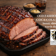 Glazed Coca-Cola ham with diamond scoring and cloves, caramelized brown sugar crust on a rustic farmhouse table with soft natural lighting.