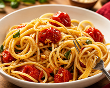 Cherry tomato spaghetti tossed with Oak City Spice Blends La Spezia seasoning, roasted tomatoes, basil, and toasted pine nuts in a white bowl on a rustic wooden table.