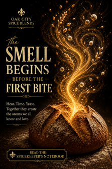 A rustic artisan loaf of bread rests on a dark wooden surface against a black background. From the scored crust, glowing golden ribbons of light rise gracefully into the air, surrounded by floating wheat kernels, flour dust, and sparkling particles that symbolize the aroma created during baking. Elegant typography reads "The Smell Begins Before the First Bite," with Oak City Spice Blends branding, a fleur-de-lis emblem, and a call to action to read The Spicekeeper's Notebook.