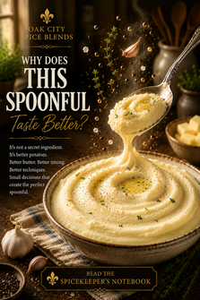 A rustic ceramic bowl of exceptionally creamy mashed potatoes sits on a wooden table in a warm farmhouse kitchen. A silver spoon lifts a silky, buttery spoonful, with smooth folds flowing back into the bowl. A pat of melting butter glistens on top, while delicate herbs, cracked black pepper, and subtle golden spice particles float gently around the spoon, symbolizing the science of flavor integration. The image features Oak City Spice Blends branding, a fleur-de-lis emblem, the headline "Why Does This Spoonful Taste Better?", and a call to action to read The Spicekeeper's Notebook.