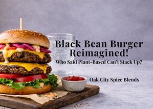 Double gluten-free black bean cheeseburger on a brioche-style bun with quinoa-infused patties, melted cheddar, lettuce, tomato, pickled red onions, and a ramekin of ketchup beside a glass of sparkling water on a farmhouse wooden board.
