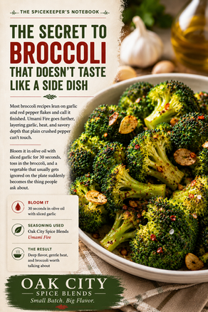 Close-up of vibrant broccoli florets tossed with toasted garlic and Umami Fire seasoning while fresh lemon juice is squeezed over the top. The bright green broccoli glistens with olive oil, highlighting the simple experiment that shows how a small amount of acidity transforms flavor. Oak City Spice Blends