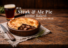 Homemade steak and ale pie in a deep ceramic dish on a rustic wooden table, one slice removed to reveal thick beef filling in dark ale gravy, with a blurred pint of brown ale in the background and natural directional lighting.