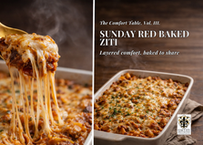 Baked ziti in a rustic ceramic dish with a golden fork lifting a cheesy portion, showing layers of pasta, meat sauce, and melted mozzarella