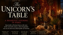 Candlelit medieval-inspired hero image for The Unicorn’s Table, showing large ivory title text beside a warm Parisian table scene with bread, herbs, vessels, candles, and a Lady and the Unicorn-style tapestry.