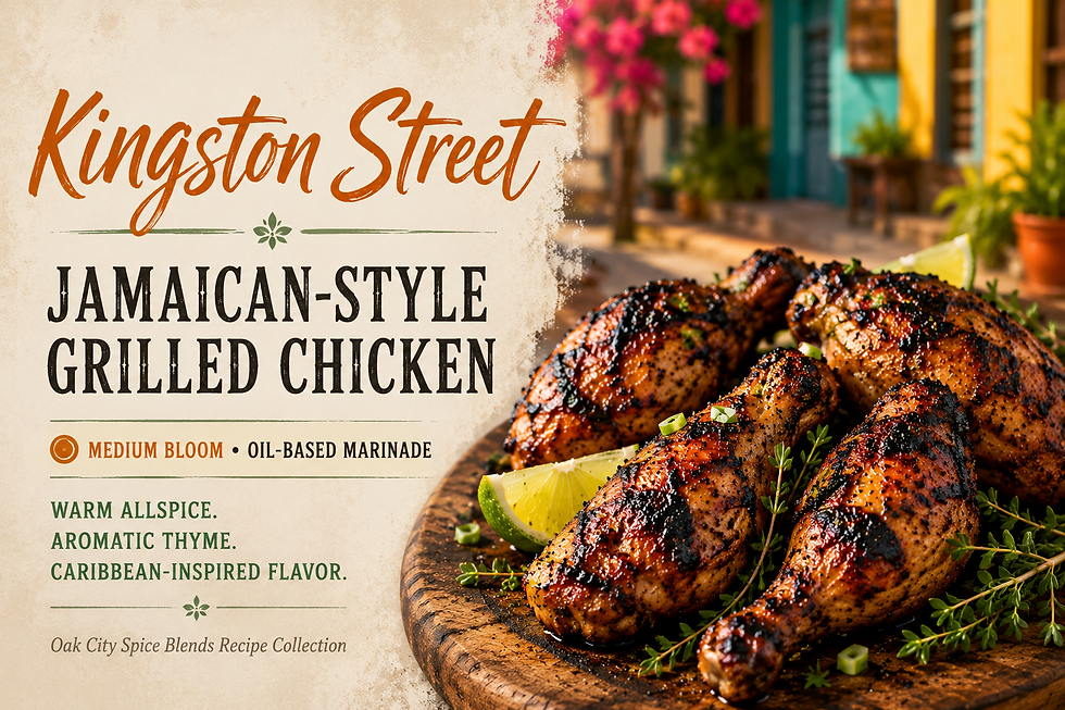 Kingston Street Jamaican-Style Grilled Chicken featuring char-grilled chicken legs marinated with Caribbean-inspired seasoning, fresh thyme, lime wedges, and a medium-bloom oil marinade method displayed in a rustic 40/60 recipe hero image.