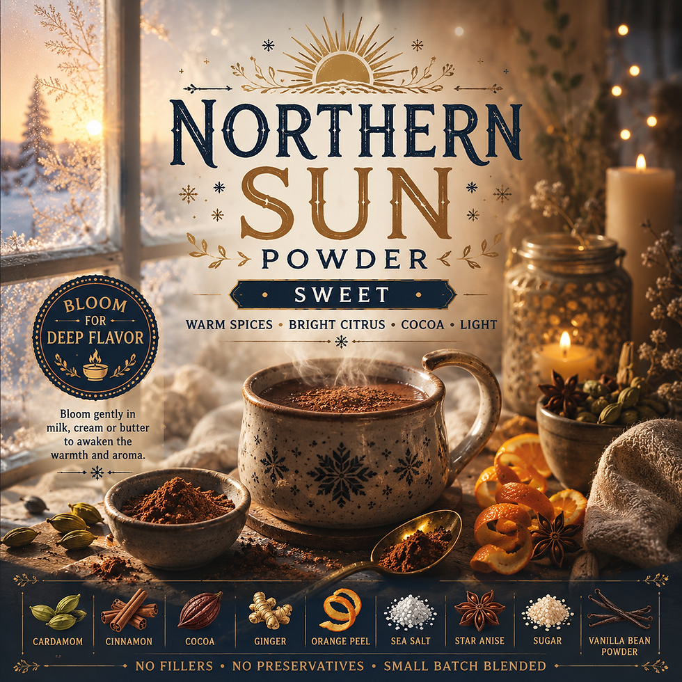 Northern Sun Powder sweet seasoning from Oak City Spice Blends featuring a steaming mug of spiced cocoa, winter citrus, warm