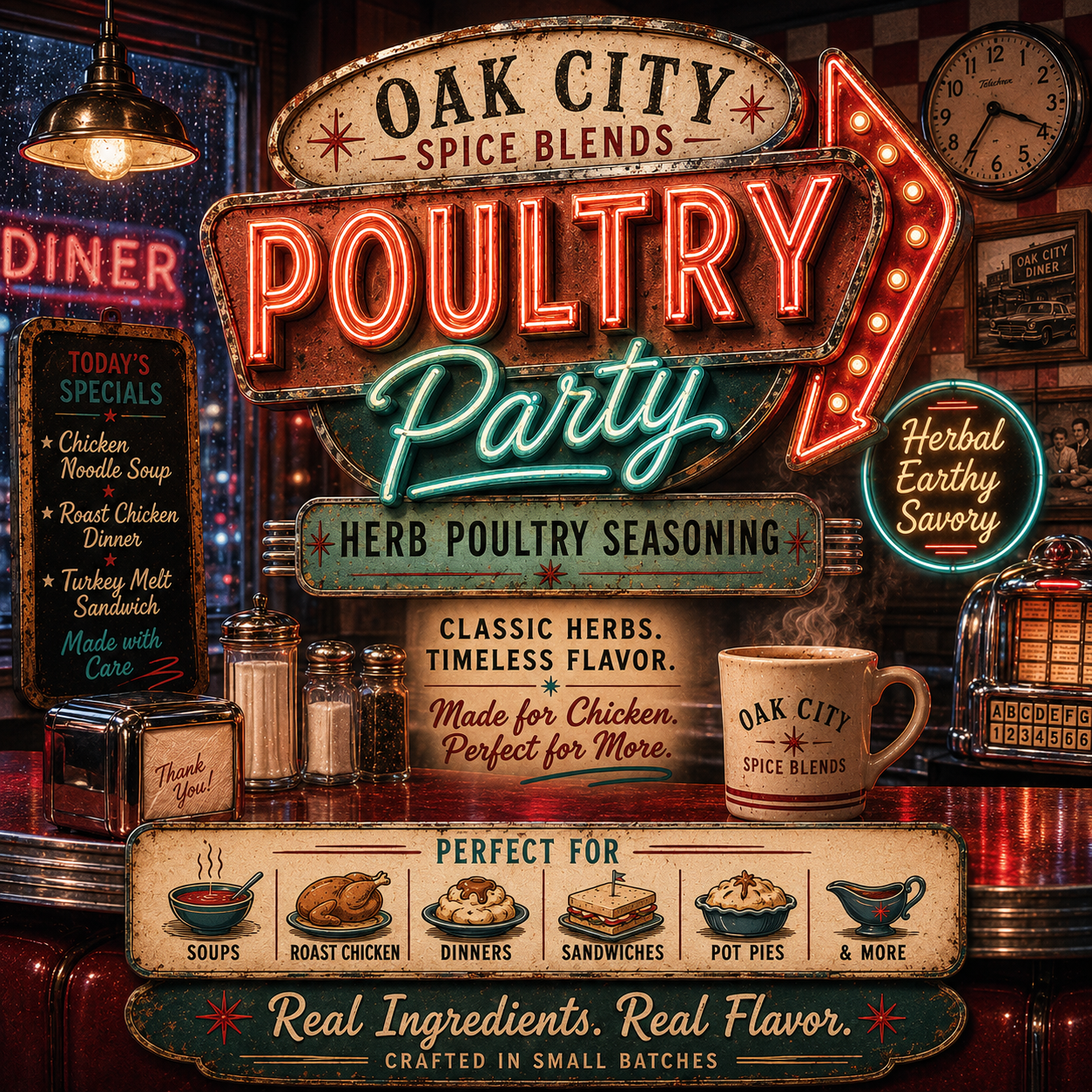 Oak City Spice Blends Poultry Party Herb Poultry Seasoning with vintage diner neon sign, retro chrome counter, nostalgic Amer