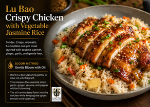 Golden Lu Bao crispy chicken sliced over fluffy jasmine rice with carrots and water chestnuts, finished with a glossy sesame-ginger pan sauce and green onion garnish. The hero image includes Oak City Spice Blends Gentle Bloom with Oil information in a black-and-gold editorial layou
