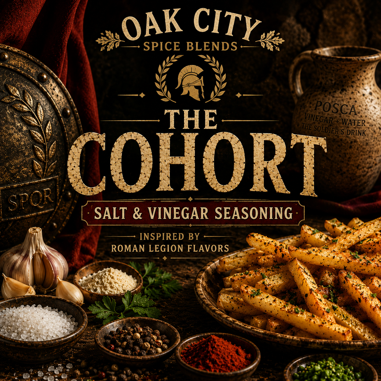 Oak City Spice Blends The Cohort Salt & Vinegar Seasoning featuring Roman-inspired styling, seasoned fries, garlic, sea salt,