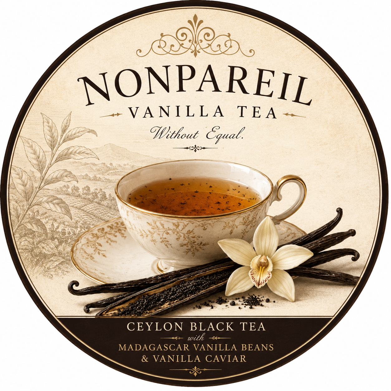 Nonpareil Vanilla Tea by Oak City Spice Blends featuring an elegant porcelain teacup filled with rich amber Ceylon black tea,