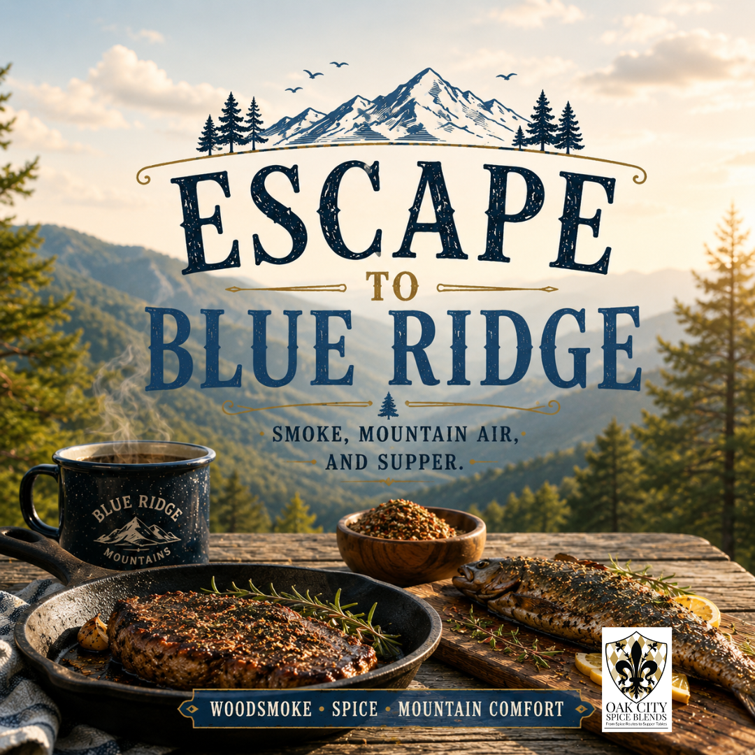Escape to Blue Ridge smoky mountain seasoning with cast iron steak, smoked trout, mountain landscape, and rustic Blue Ridge c