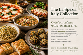 Rustic Italian-inspired food spread featuring pizza margherita, Tuscan bean soup, spaghetti aglio e olio, focaccia bread, stuffed mushrooms, and chicken parmesan alongside editorial text introducing the La Spezia Italy recipe collection from Oak City Spice Blends.