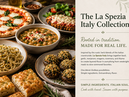 Rustic Italian-inspired food spread featuring pizza margherita, Tuscan bean soup, spaghetti aglio e olio, focaccia bread, stuffed mushrooms, and chicken parmesan alongside editorial text introducing the La Spezia Italy recipe collection from Oak City Spice Blends.