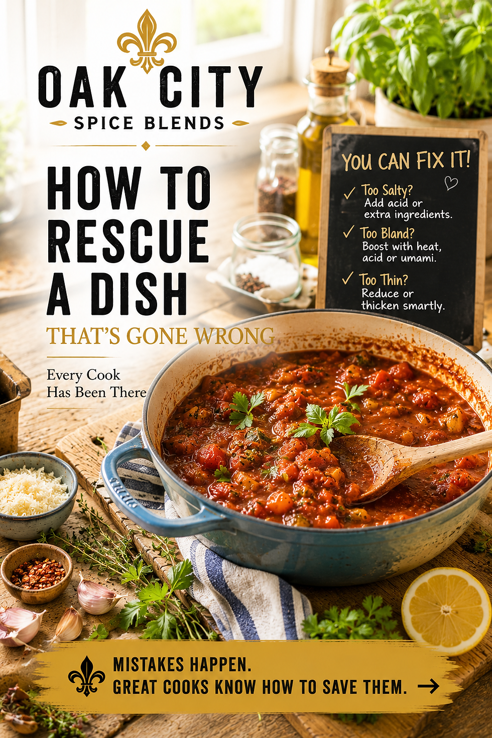 A bright editorial-style graphic featuring a Dutch oven filled with a hearty tomato-based stew on a rustic wooden countertop. Fresh parsley, garlic, herbs, olive oil, lemon, grated cheese, and spices surround the pot, while a small chalkboard lists common cooking problems such as dishes that are too salty, too bland, or too thin. The image includes the Oak City Spice Blends name with a gold fleur-de-lis logo, the headline "How to Rescue a Dish That's Gone Wrong," and the call to action, "Mistakes Happen. Great Cooks Know How to Save Them."
