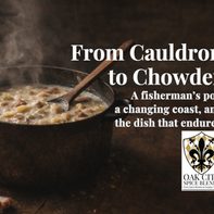 Rustic cast iron pot of chowder with visible potatoes and meat, gently steaming on a wooden table beside onion and salt pork, lit by soft natural window light.
