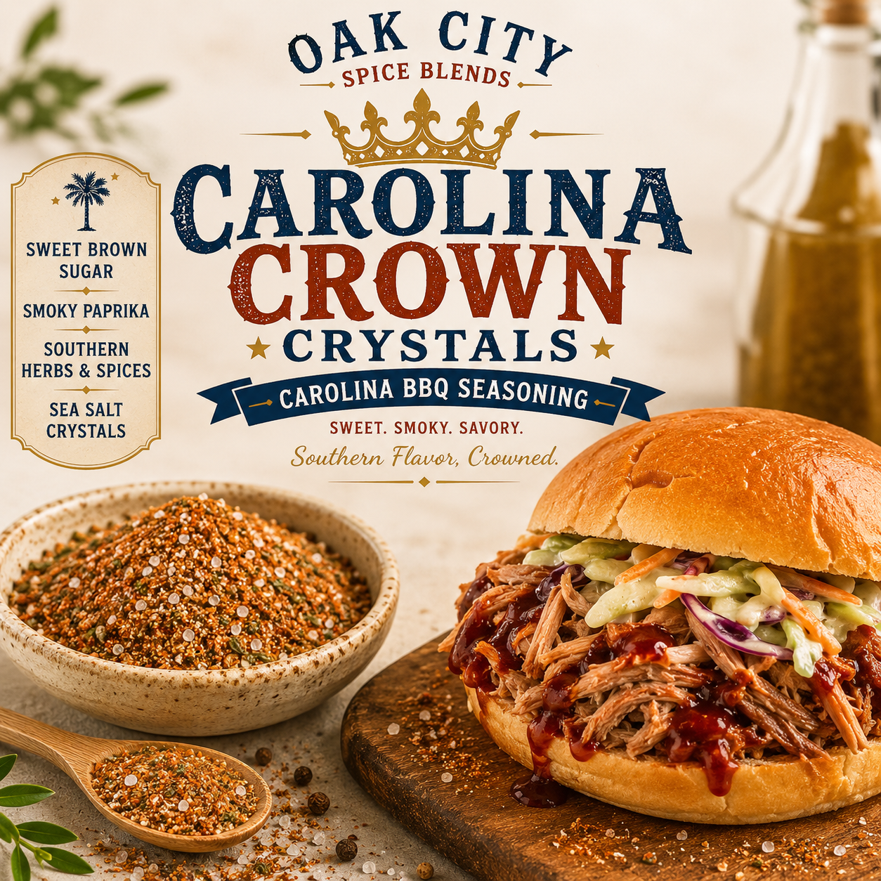 Oak City Spice Blends Carolina Crown Crystals Carolina BBQ Seasoning with pulled pork sandwich, smoky spices, brown sugar, pa