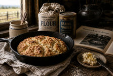 Golden skillet bannock on a rustic wooden table beside flour, baking powder, butter, and vintage kitchen items, evoking a late nineteenth-century ranch kitchen.