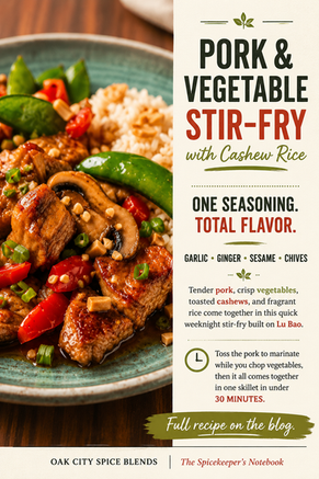 A colorful pork and vegetable stir-fry served over cashew rice, featuring tender pork, mushrooms, sugar snap peas, red bell peppers, and green onions in a glossy savory sauce, with ideas for turning leftovers into fried rice, lettuce wraps, noodle soup, or wraps the next day.