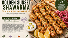 Golden Sunset Shawarma Chicken Skewers grilled until lightly charred and served with garlic yogurt sauce, lemon wedges, flatbread, and pickled onions beside educational Gentle Bloom and Custard Bloom Medium information from Oak City Spice Blends.
