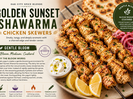 Golden Sunset Shawarma Chicken Skewers grilled until lightly charred and served with garlic yogurt sauce, lemon wedges, flatbread, and pickled onions beside educational Gentle Bloom and Custard Bloom Medium information from Oak City Spice Blends.