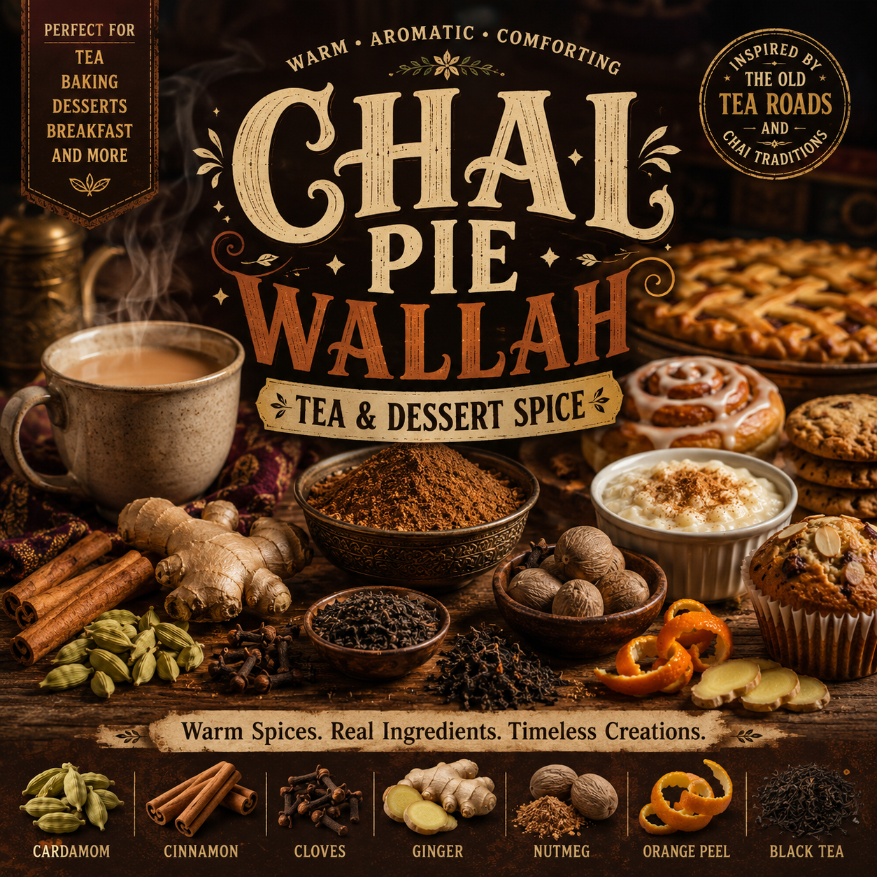 Oak City Spice Blends featuring realistic cardamom, cinnamon sticks, cloves, ginger, nutmeg, orange peel, and black tea