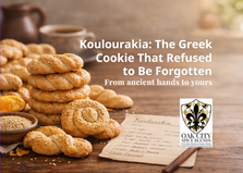 Golden braided Greek koulourakia cookies stacked on a rustic wooden table with sesame seeds, orange slices, and a cup of coffee in soft morning light, with space for text on the righ