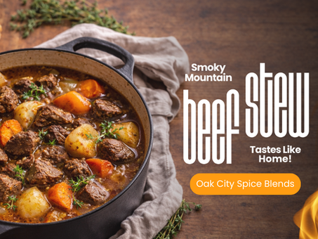 Rustic cast iron pot of Smoky Mountain beef stew with tender beef, carrots, and potatoes on a wooden table with crusty bread.