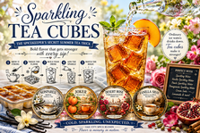 Summer-inspired Oak City Spice Blends tea graphic featuring a sparkling iced tea filled with amber tea cubes, fresh peach slices, mint, vanilla beans, roses, and tea tins of Nonpareil, Joker, Desert Rose, and Fanilla Shay. Sparkling water is being poured into the glass while a step-by-step guide explains how to make flavorful tea cubes that never water down a drink.