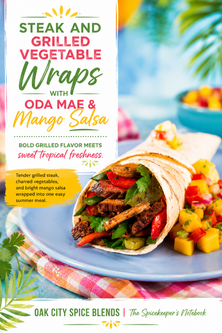 Steak and grilled vegetable wrap sliced open and filled with grilled flank steak, peppers, mushrooms, cilantro, and fresh mango salsa on a blue plate, Oak City Spice Blends.