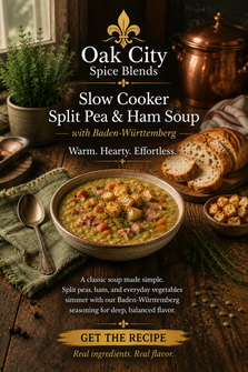 Slow cooker split pea and ham soup with carrots, ham, croutons, and herbs, made with Baden-Württemberg seasoning from Oak City Spice Blends.