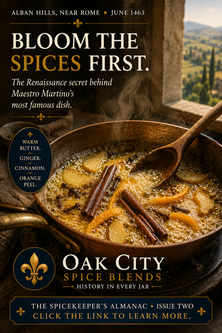 Close-up of warm sweet spices blooming in melted butter in a small copper pan beside a sunlit Italian window overlooking the Alban Hills near Rome. Visible cinnamon sticks, sliced ginger, cloves, and orange peel release their aroma into the bubbling butter as gentle steam rises from the pan. Renaissance-inspired typography reads “Bloom the Spices First: The Renaissance Secret Behind Maestro Martino’s Most Famous Dish.” The image includes Oak City Spice Blends branding with a gold fleur-de-lis and references The Spicekeeper’s Almanac, Issue Two. Warm golden lighting emphasizes the historical cooking technique of blooming spices before adding them to a dish.