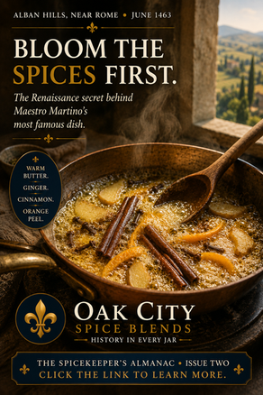 Close-up of warm sweet spices blooming in melted butter in a small copper pan beside a sunlit Italian window overlooking the Alban Hills near Rome. Visible cinnamon sticks, sliced ginger, cloves, and orange peel release their aroma into the bubbling butter as gentle steam rises from the pan. Renaissance-inspired typography reads “Bloom the Spices First: The Renaissance Secret Behind Maestro Martino’s Most Famous Dish.” The image includes Oak City Spice Blends branding with a gold fleur-de-lis and references The Spicekeeper’s Almanac, Issue Two. Warm golden lighting emphasizes the historical cooking technique of blooming spices before adding them to a dish.