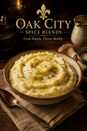 a bowl of creamy mashed potatoes topped with melting butter on a rustic wooden table. The image includes the Oak City Spice Blends name beneath a gold fleur-de-lis with the tagline "Cook Simply. Flavor Boldly." and represents the rich texture and careful technique behind restaurant-quality mashed potatoes.