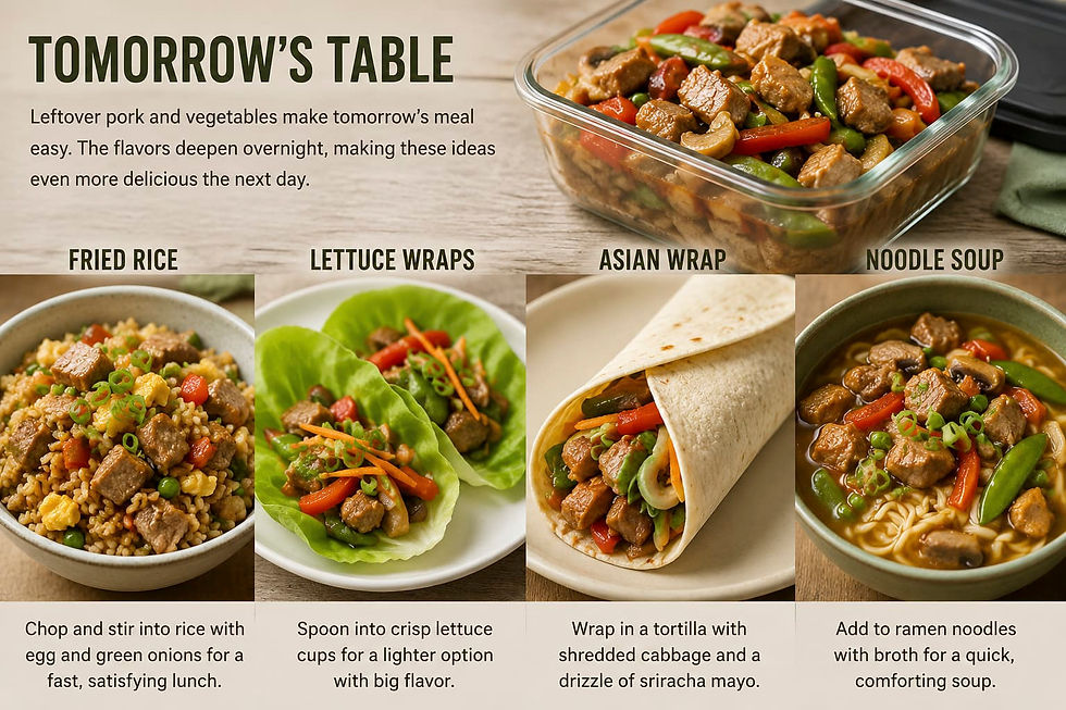 Tomorrow's Table: One great dinner can become tomorrow's lunch. Leftover pork stir-fry transforms easily into fried rice, lettuce wraps, noodle soup, or a quick wrap, proving that thoughtful cooking today makes tomorrow even easier.
