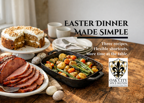 Rustic Easter dinner table with sliced glazed ham, roasted potatoes and spring vegetables, and carrot cake in soft natural light with space for text on the right