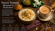 A rustic tabletop scene featuring creamy Orange Blossom Rice Pudding topped with pistachios, almonds, and orange zest beside a warm cup of Sweet Yemeni Honey Milk Tea. The landscape-style hero image includes blooming information about warming Sweet Yemeni seasoning in milk or honey to release aromatic cardamom, ginger, cinnamon, and citrus notes. Decorative flowers, spices, and soft lighting create an elegant Middle Eastern-inspired atmosphere.