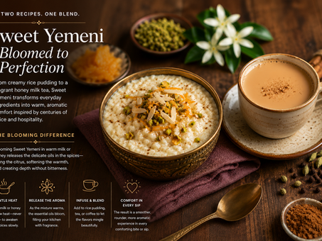 A rustic tabletop scene featuring creamy Orange Blossom Rice Pudding topped with pistachios, almonds, and orange zest beside a warm cup of Sweet Yemeni Honey Milk Tea. The landscape-style hero image includes blooming information about warming Sweet Yemeni seasoning in milk or honey to release aromatic cardamom, ginger, cinnamon, and citrus notes. Decorative flowers, spices, and soft lighting create an elegant Middle Eastern-inspired atmosphere.