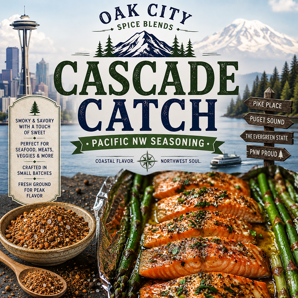 Oak City Spice Blends Cascade Catch Pacific NW Seasoning with Seattle skyline, Mount Rainier, seasoned salmon, asparagus,