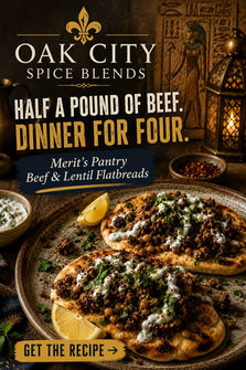 Warm flatbreads piled with Merit’s Pantry seasoned beef and earthy lentils, finished with cool cucumber yogurt, fresh herbs, and bright lemon for a savory, satisfying meal.
