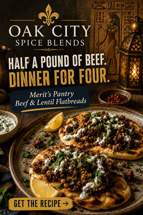 Warm flatbreads piled with Merit’s Pantry seasoned beef and earthy lentils, finished with cool cucumber yogurt, fresh herbs, and bright lemon for a savory, satisfying meal.