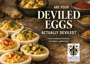 Three deviled eggs with varied toppings including paprika, herbs, and spiced filling on a rustic wooden surface with soft natural lighting and space for text.