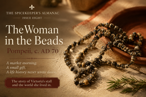 A strand of ancient-style stone beads rests on a market table in Pompeii, symbolizing the everyday life of an ordinary Roman woman before the eruption of Mount Vesuvius in AD 70.